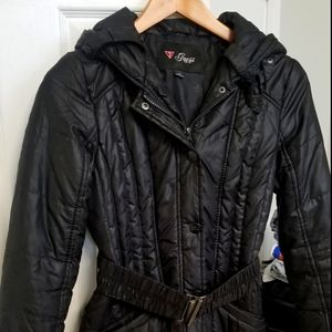 Womans Guess black belted/ hooded puffer jacket. S